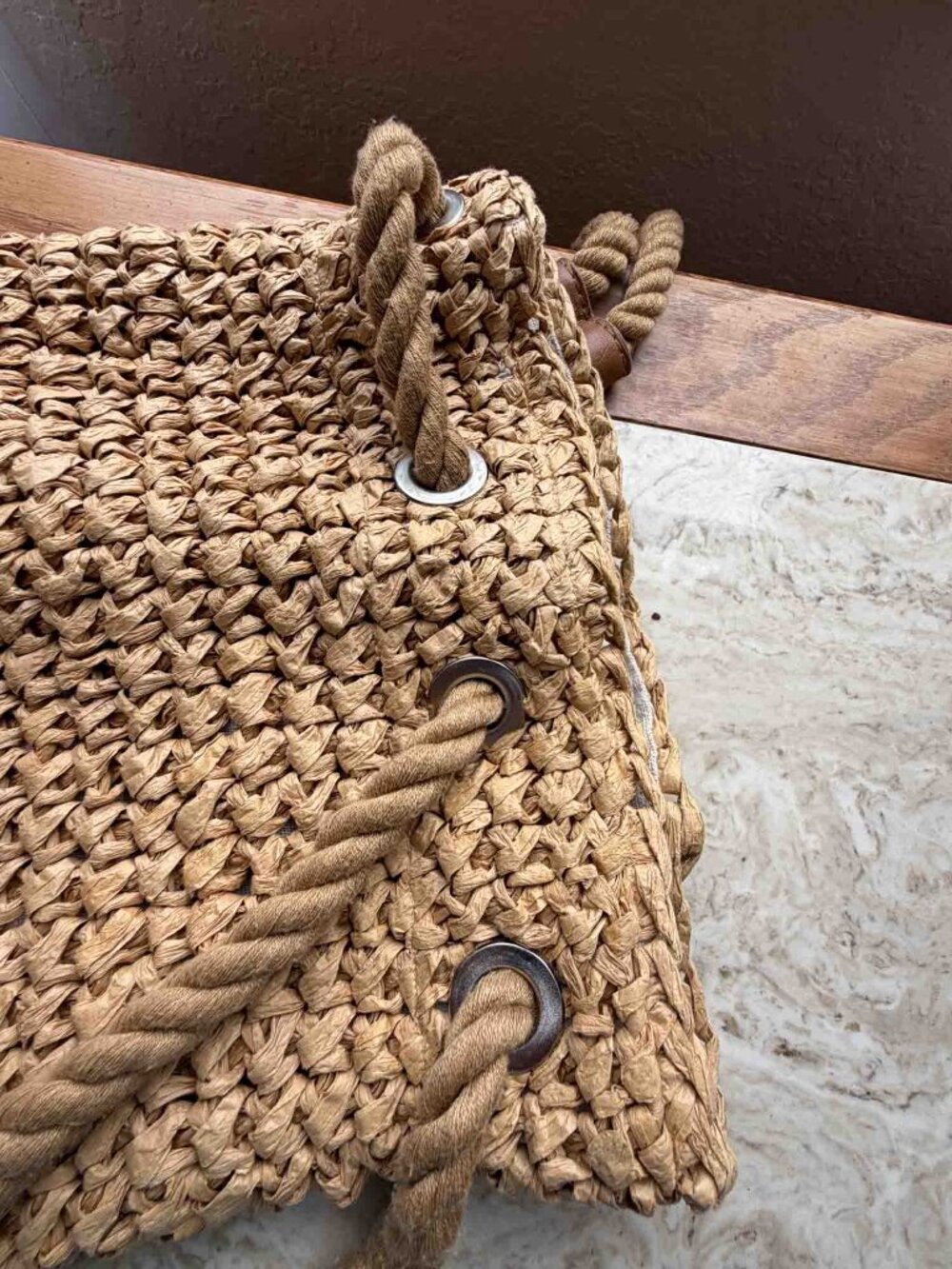 ZARA Woven Paper Raffia Backpack Bucket Bag Rope Drawstring Boho Beach Tan - Picture 15 of 16
